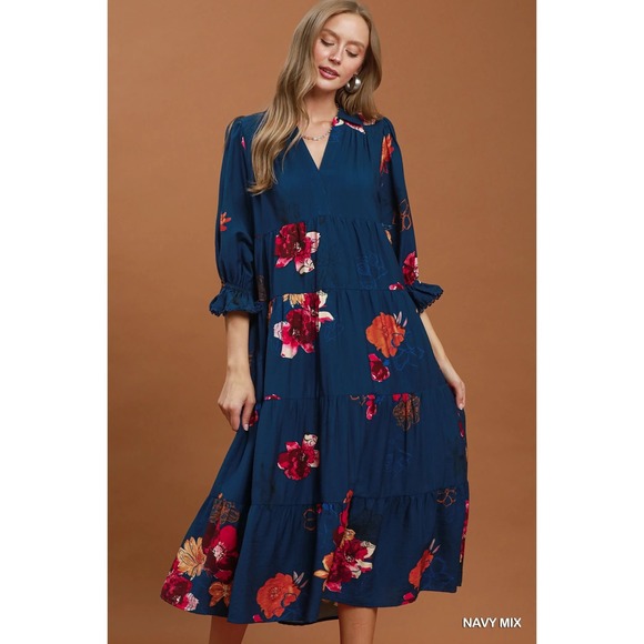 Umgee Dresses & Skirts - Umgee Floral Print Tiered Midi Dress with Puff Sleeves - Navy - Medium